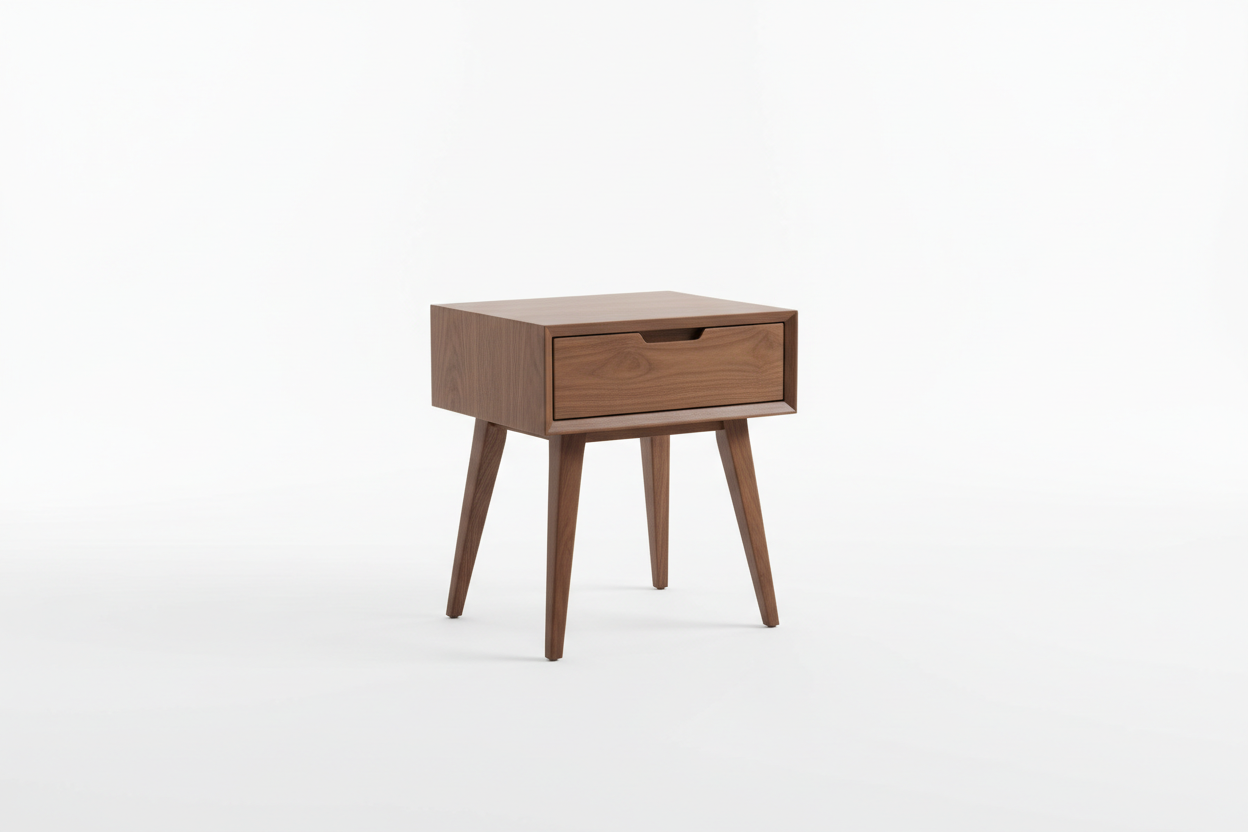 Walnut wood bedside table with one drawer and tapered legs