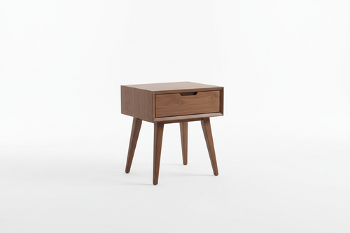 Walnut wood bedside table with one drawer and tapered legs