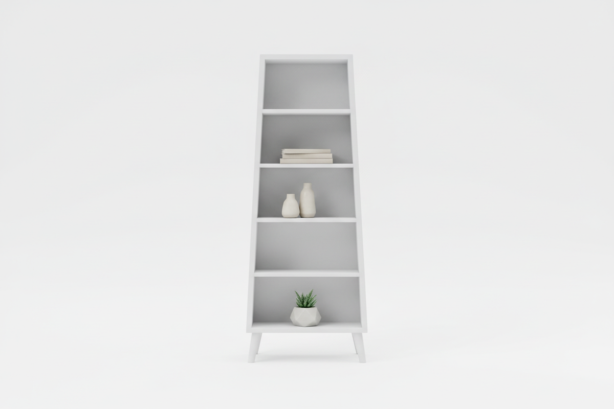 Tall white wooden bookshelf with five shelves