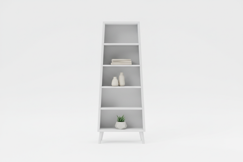 Tall white wooden bookshelf with five shelves